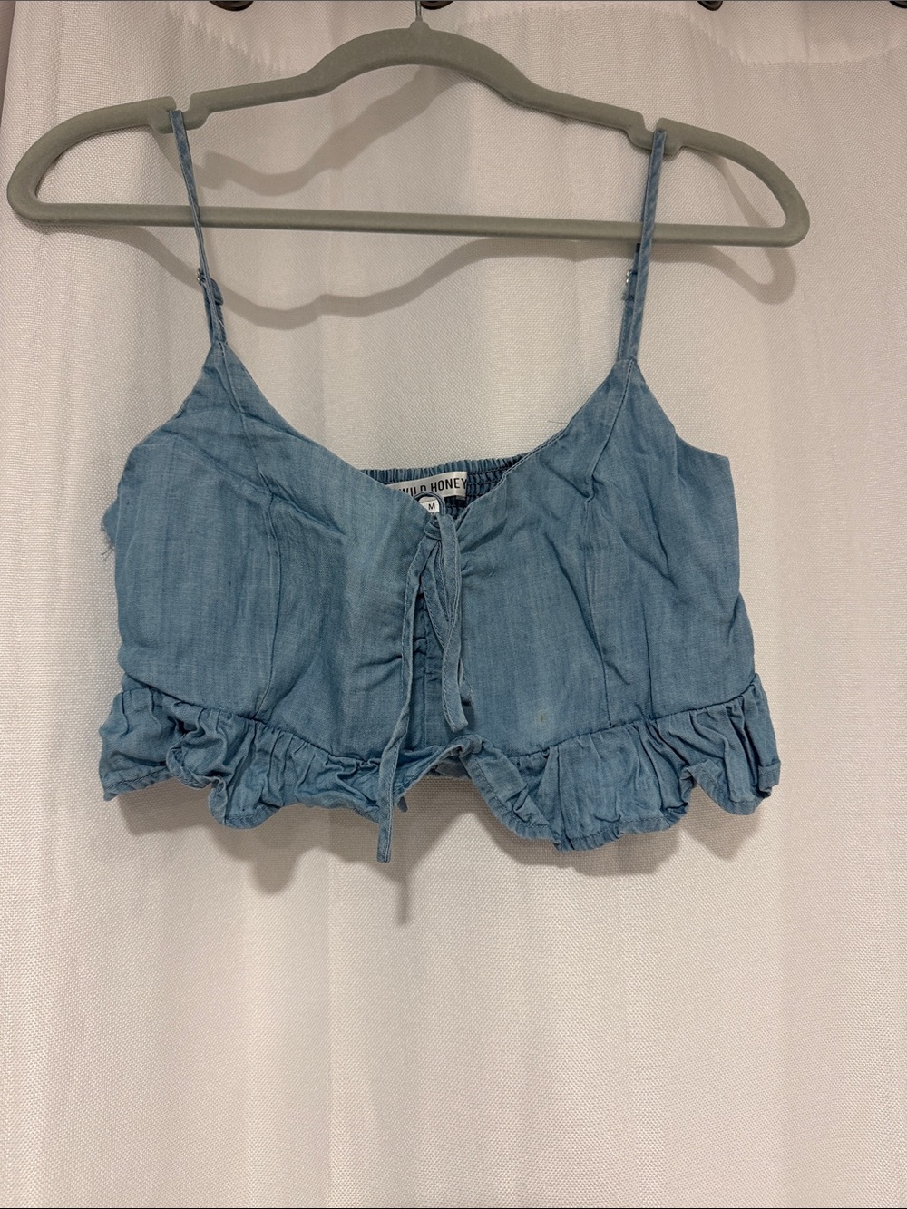Light Blue Denim-Style Ruffle Crop Top